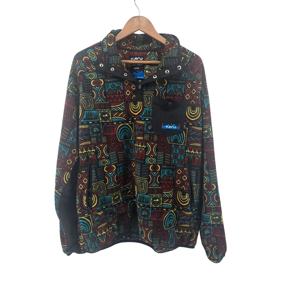 KAVU Fleece Pullover Mens Large Multi Tribal Teannaway Snap Mock Neck Geometric